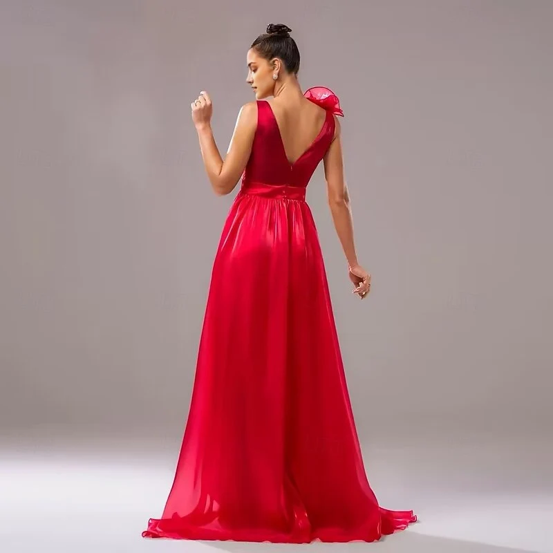 AABEI DRESS Formal Women's Dresses A-Line Sleeveless V Neck Evening Gown Elegant Floor Length Ruched Slit Shouder Flower Red Prom Dress