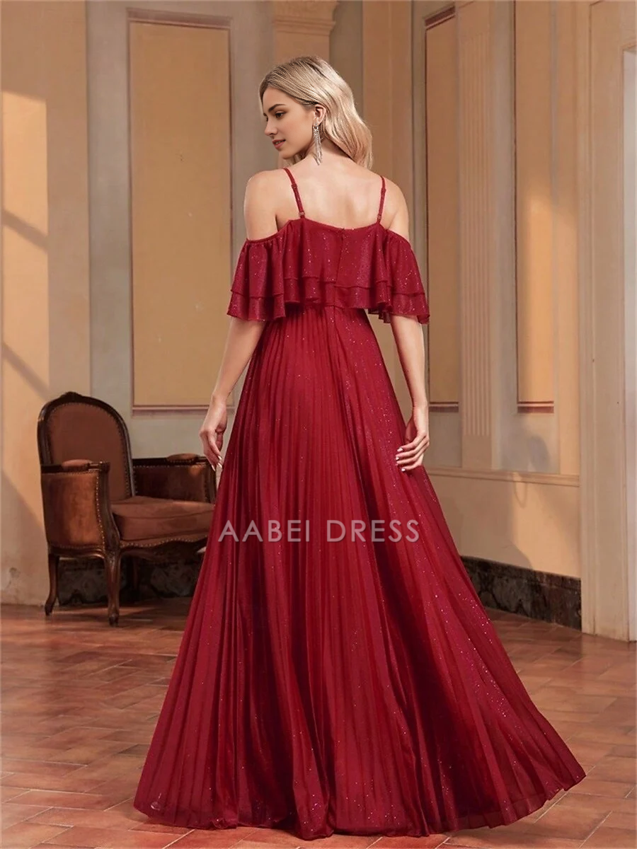 AABEI DRESS Formal Women's Dresses A Line Spaghetti Strap Sweetheart Ruched Floor Length Elegant Sparkle Red Prom Dress