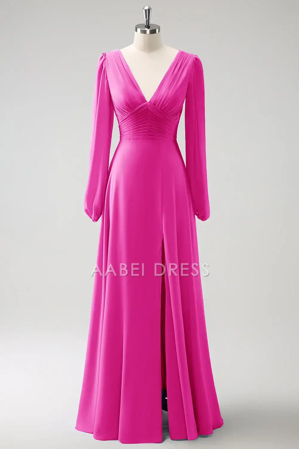 AABEI DRESS Formal Women's Dresses A Line V-Nack Pleated Long Sleeves Side Fork Elegant Long Prom Dress
