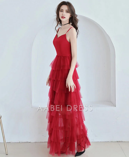 AABEI DRESS Formal Women's Dresses A Line V Neck Spaghetti Strap Layering Ruched Backless Fashion Red Prom Dress