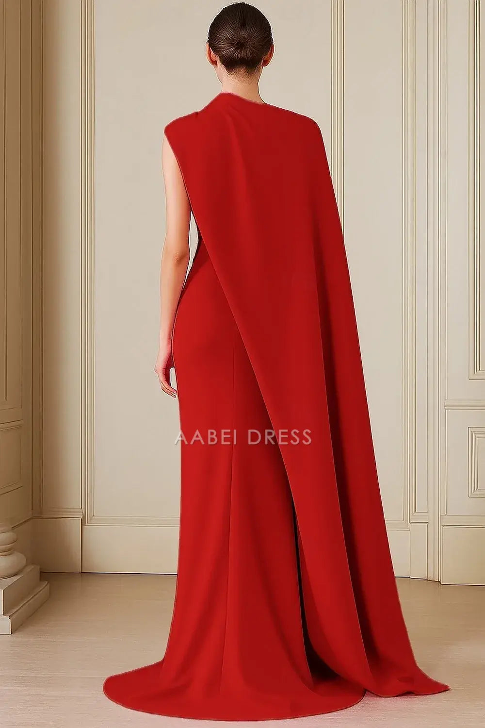 AABEI DRESS Formal Women's Dresses Cape Dress Mermaid Evening Gown Mock Neck Pleats Elegant Gown Floor Length Red Prom Dress