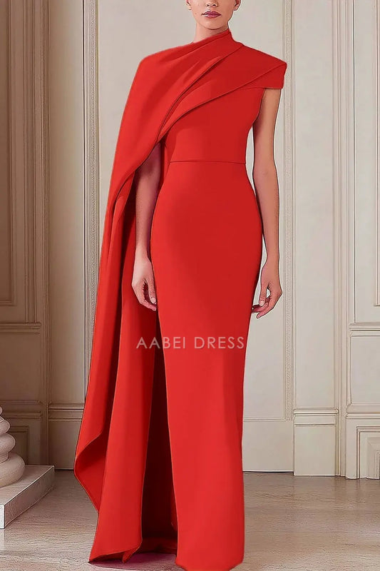 AABEI DRESS Formal Women's Dresses Cape Dress Mermaid Evening Gown Mock Neck Pleats Elegant Gown Floor Length Red Prom Dress