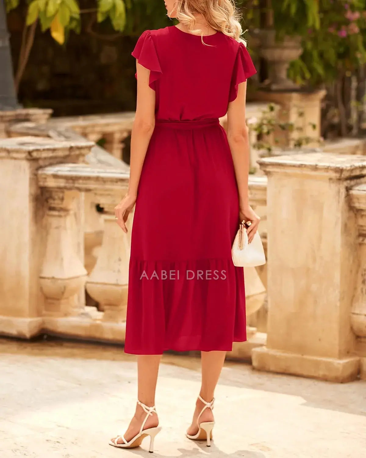 AABEI DRESS Formal Women's Dresses Evening A-Line V Neck Flutter Sleeves Bohemian Casual Wrap Ruffle Belt Pleated Hem Elegant Prom Dress