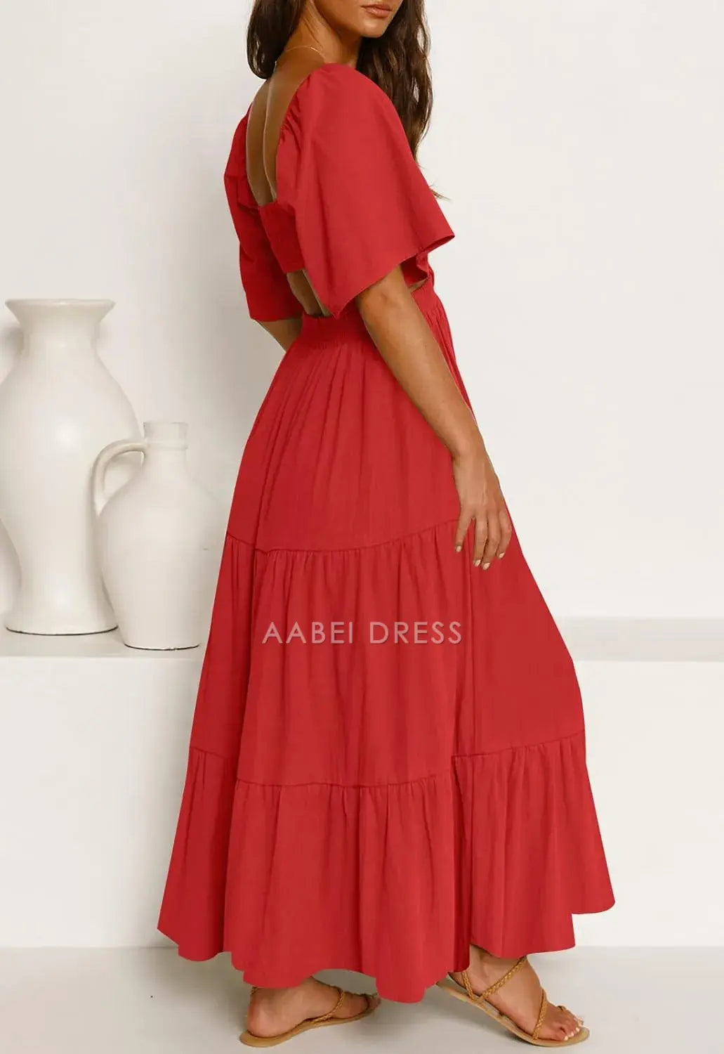 AABEI DRESS Formal Women's Dresses Evening A Line Square Neck Short Sleeve Cutout Maxi Dress Crossover Waist Casual Party Dresses Prom Dress