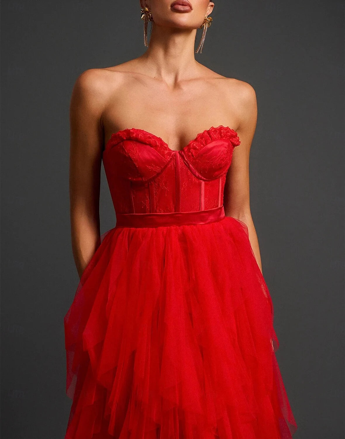 AABEI DRESS Formal Women's Dresses Evening Gown Cut Out Dress Floor Length Sleeveless Strapless Backless with Layering Ruffles Slit Red Prom Dress