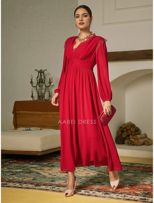 AABEI DRESS Formal Women's Dresses Evening Red A Line V Neck Long sleeves Pleated Lace Party Maxi Dress Exquisite Prom Dress