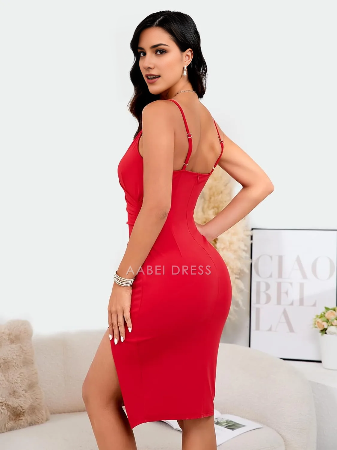 AABEI DRESS Formal Women's Dresses Evening Sexy Bodycon V Neck Spaghetti Strap Sleeveless Wrap Ruched Side Slit Cocktail Party Prom Dress