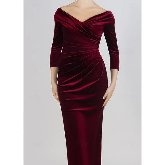 AABEI DRESS Formal Women's Dresses Velvet Mermaid 3/4 Sleeve Off Shoulder Evening Gown Elegant Floor Length Ruched Prom Dress