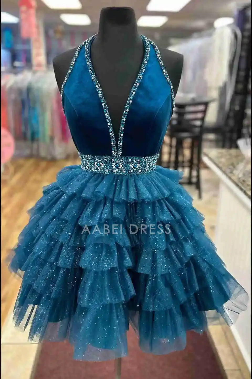 AABEI DRESS Gorgeous A Line Halter Deep V Neck Beaded Backless Layering Ruffled Fashion Hot Sale Short Homecoming Dress