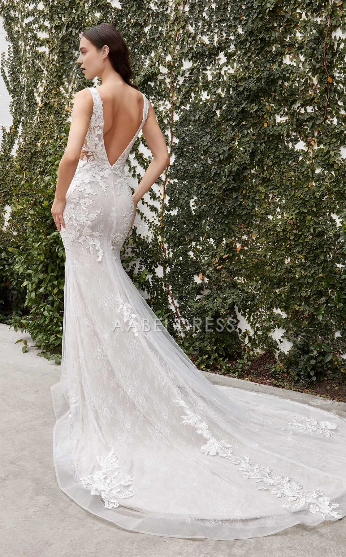 AABEI DRESS Gorgeous Mermaid Deep V Neck Sleeveless Backless Lace Applique Chapel Train Charming Wedding Dress