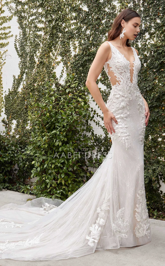 AABEI DRESS Gorgeous Mermaid Deep V Neck Sleeveless Backless Lace Applique Chapel Train Charming Wedding Dress
