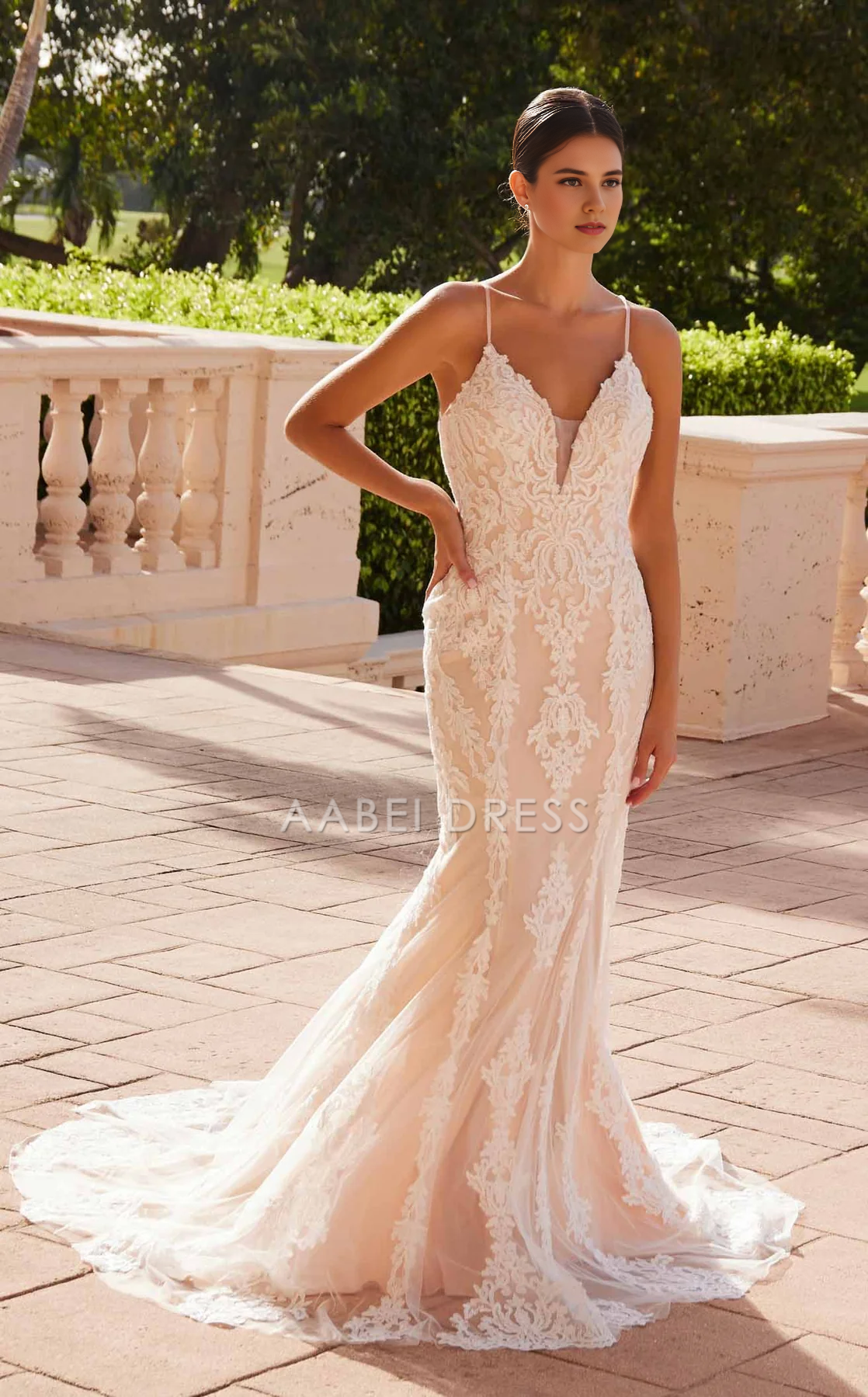 AABEI DRESS Gorgeous Mermaid Spaghetti Strap V Neck Backless Charming Wedding Dress