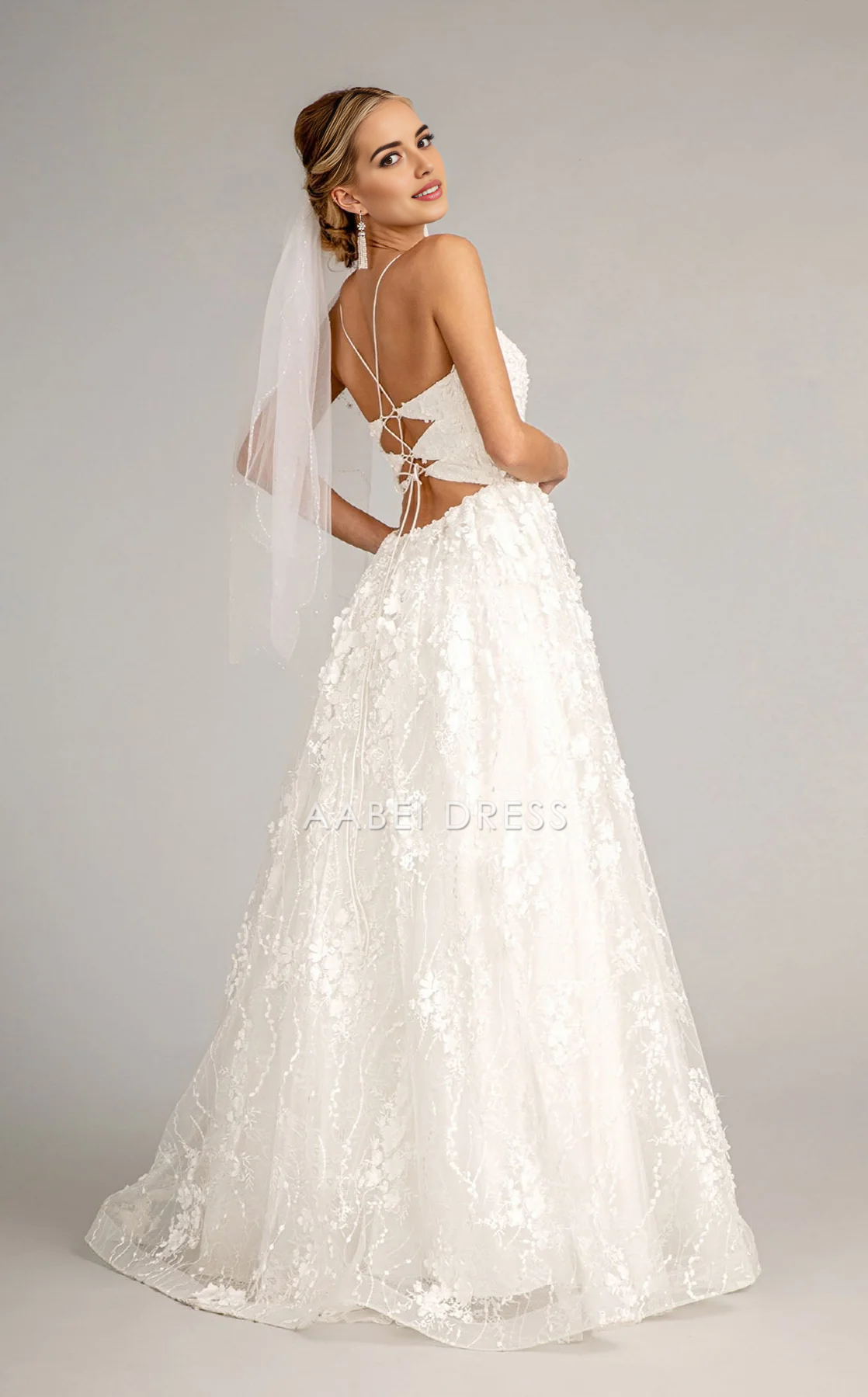 AABEI DRESS Luxurious A-line Spaghetti Strap Backless Flower Exquisite Wedding Dress