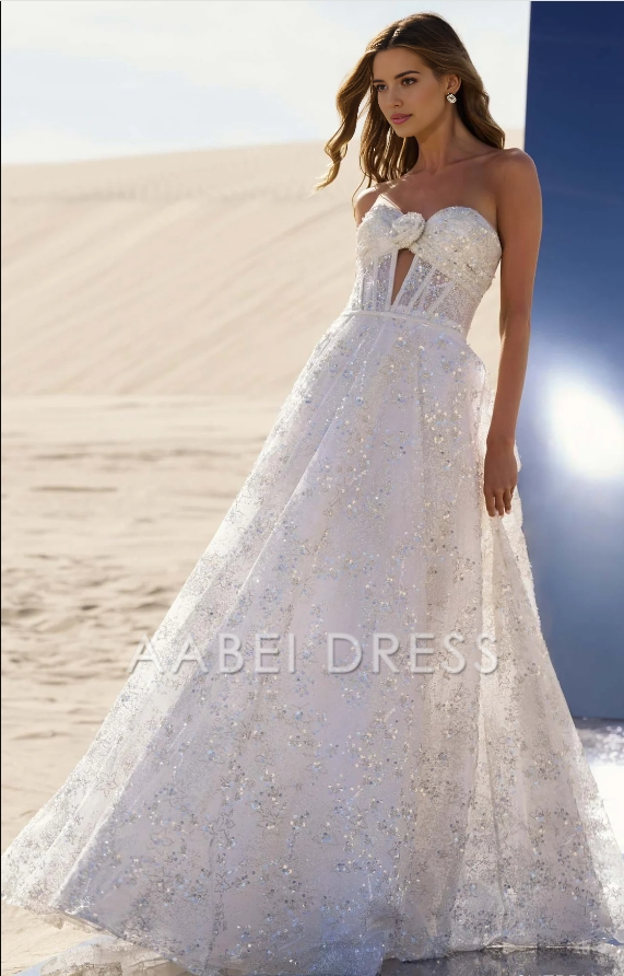 AABEI DRESS Luxurious Sequin A Line Off-shoulder Sweetheart Backless Sparkle Wedding Dress