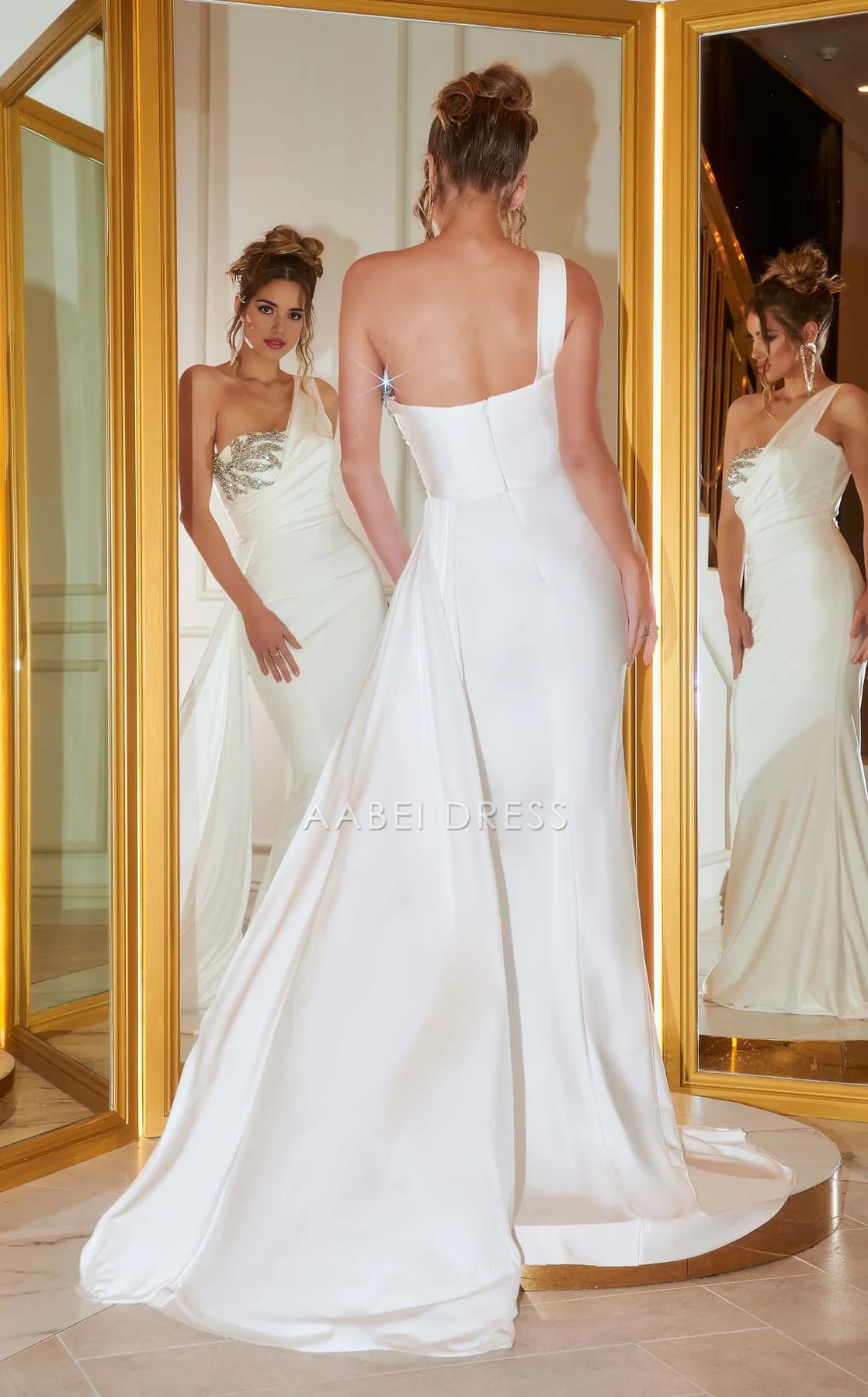 AABEI DRESS Mermaid One-Shoulder Sleeveless Asymmetric Neckline Beadwork Ruched Bodice Fashion Wedding Dress
