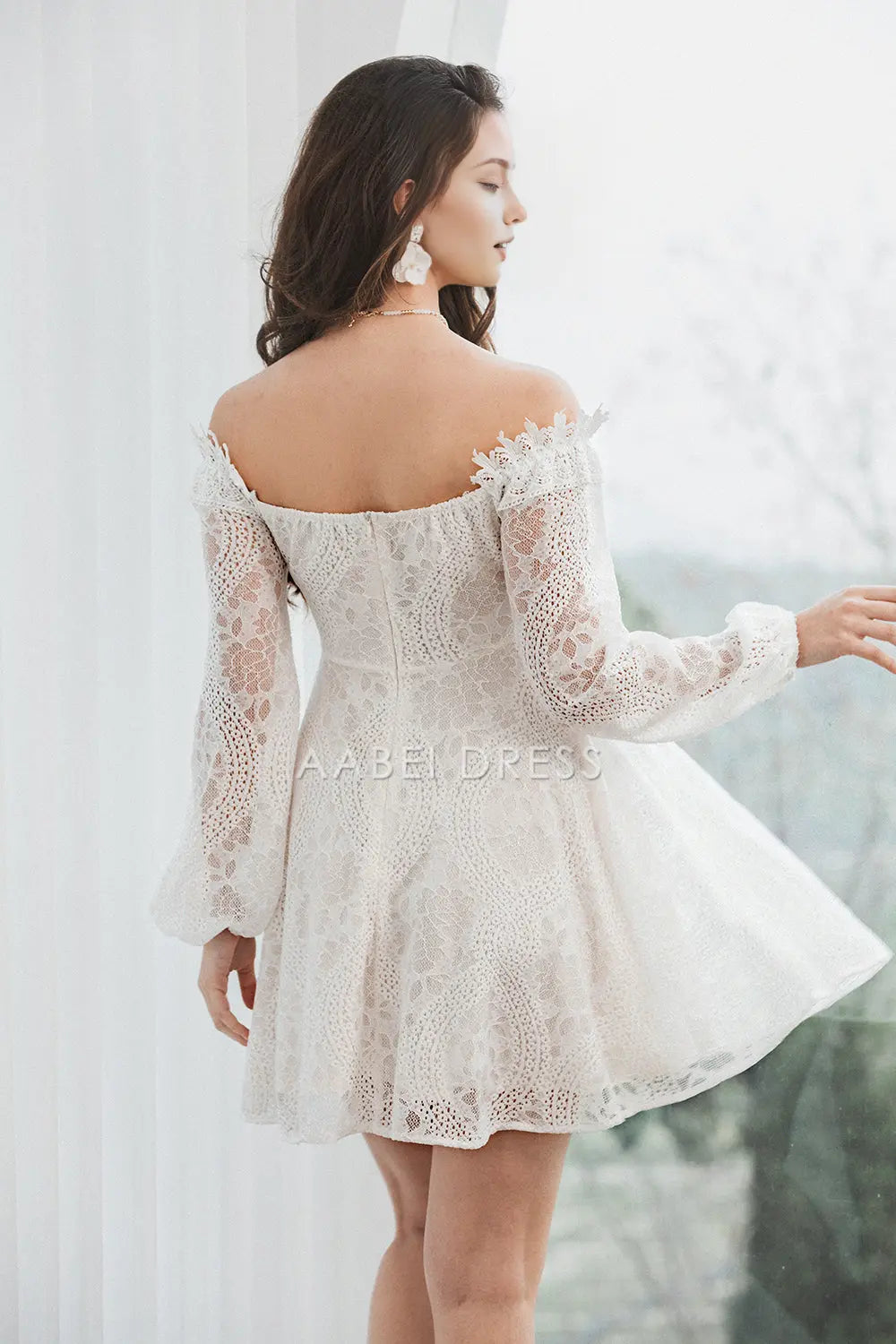AABEI DRESS New Homecoming Dress Fashion Off the Shoulder Lace Long Sleeves Retro Short Graduation Dress