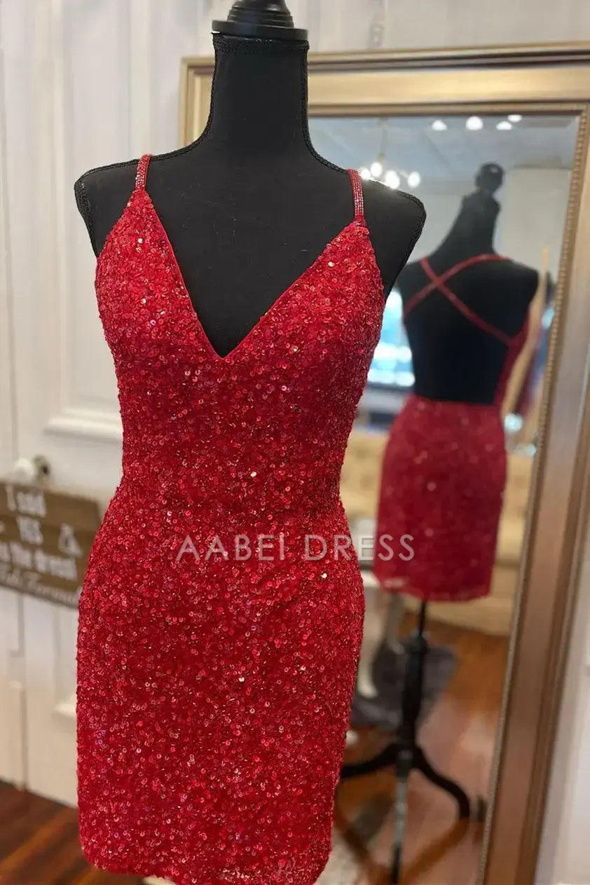 AABEI DRESS Red Sequin Tight V-Neck Spaghetti Strap Backless Sparkle Mini Party Dress Hot Sale Short Homecoming Dress
