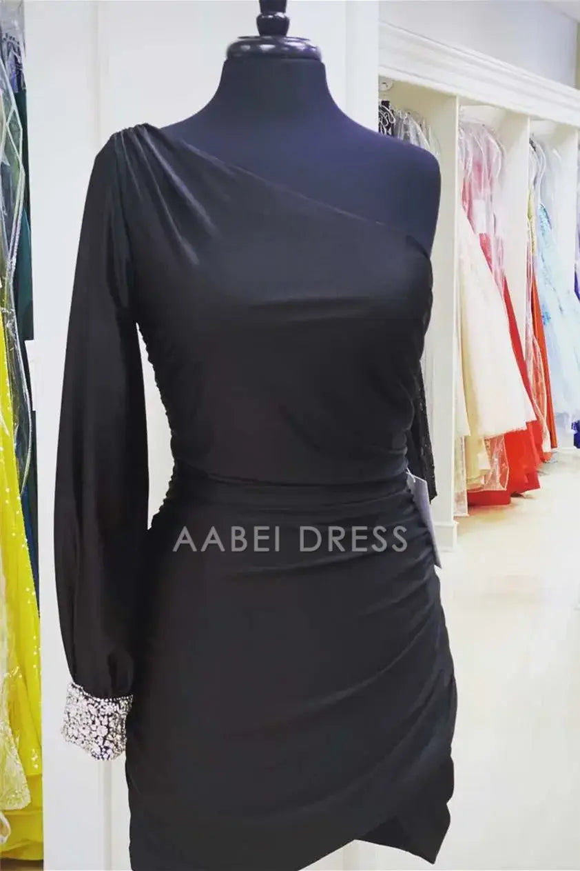 AABEI DRESS Sheath One Sleeve Pleated Beadwork Elegant Hot Sale Short Homecoming Dress