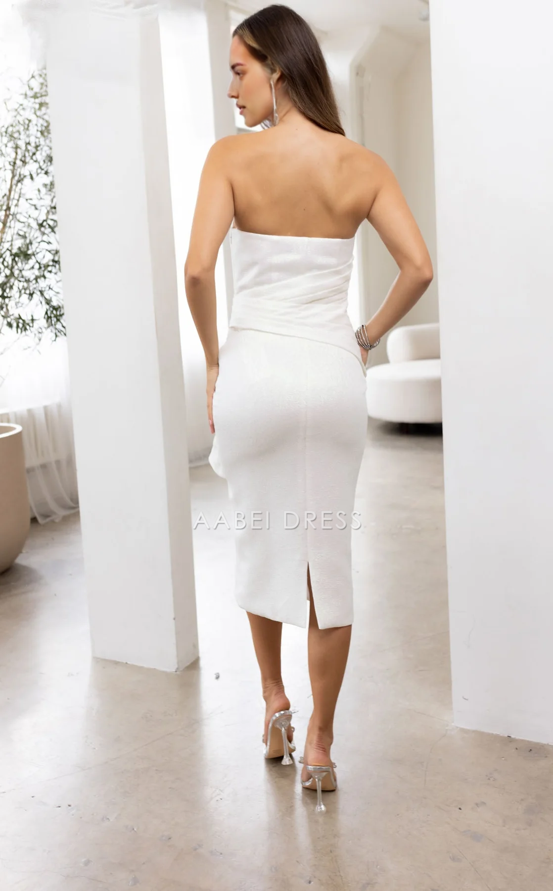 AABEI DRESS Sheath Strapless Straight Neckline Ruched Backless Beadwork Knee-length Fashion Wedding Dress