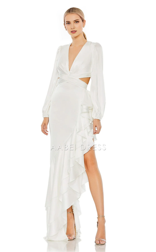 AABEI DRESS Sheath V Neck Long Sleeves Crossover Fitted Bodice Asymmetrical Ruched Hemline Fashion Wedding Dress