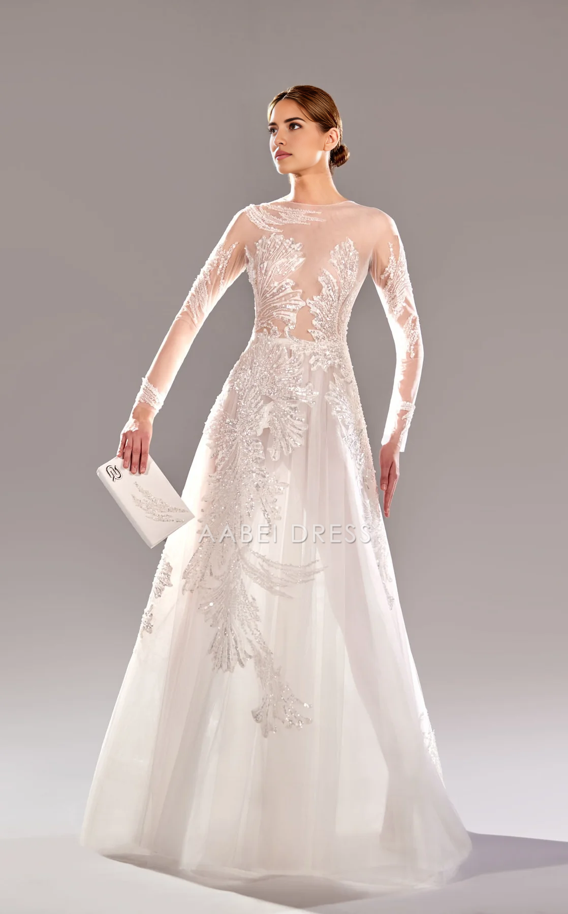 AABEI DRESS Shiny A-line Round Neckline Long Sleeves Dress Gorgeous Wedding Dress