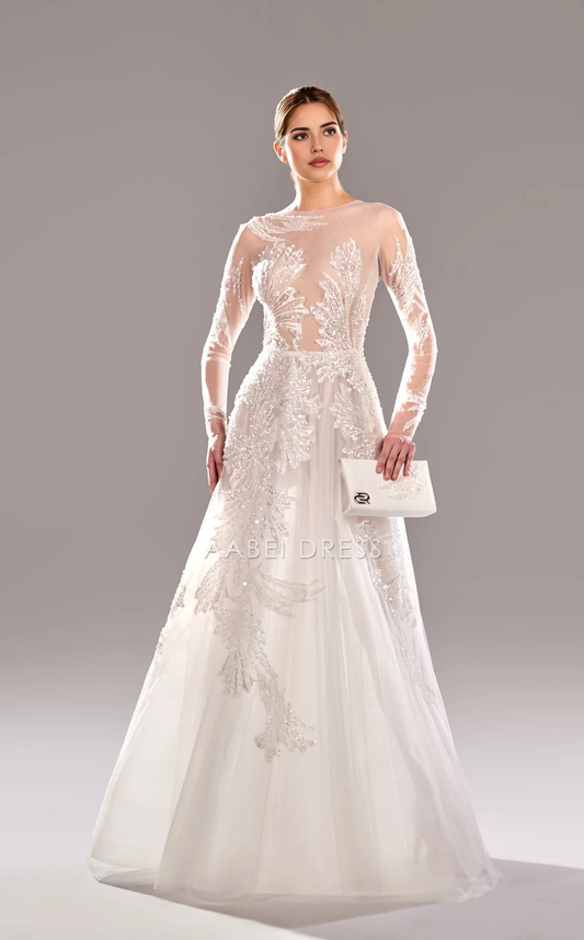 AABEI DRESS Shiny A-line Round Neckline Long Sleeves Dress Gorgeous Wedding Dress