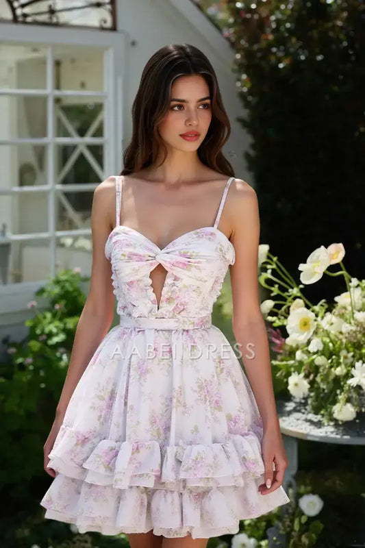 AABEI DRESS Short Prom Dress A-Line Spaghetti Strap Sweetheart Neckline Floral Prints Hollow Bodice Tiered Ruched Cute Hot Sale Homecoming Dress
