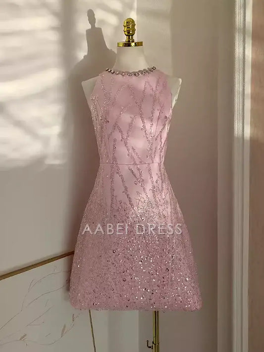 AABEI DRESS Short Prom Dress Pink Cute A Line Round Neck Sleeveless Sequin Bow Sparkle Hot Sale Homecoming Dress