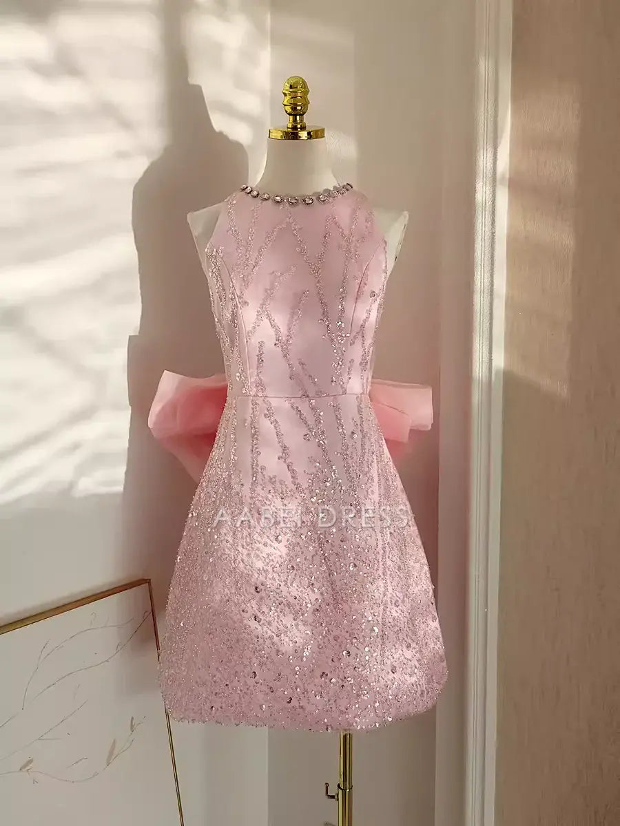 AABEI DRESS Short Prom Dress Pink Cute A Line Round Neck Sleeveless Sequin Bow Sparkle Hot Sale Homecoming Dress