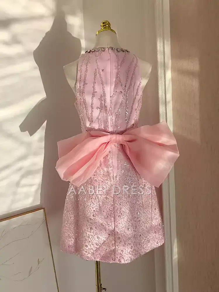 AABEI DRESS Short Prom Dress Pink Cute A Line Round Neck Sleeveless Sequin Bow Sparkle Hot Sale Homecoming Dress
