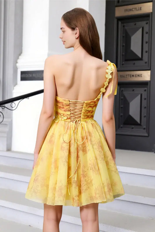 AABEI DRESS Short Prom Dress Printing A-Line One Shoulder Sweetheart Neckline Sequins Applique Floral Backless Romantic Mini Dresses Hot Sale Homecoming Dress