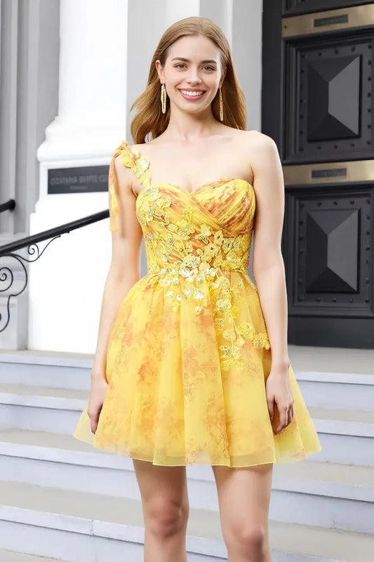 AABEI DRESS Short Prom Dress Printing A-Line One Shoulder Sweetheart Neckline Sequins Applique Floral Backless Romantic Mini Dresses Hot Sale Homecoming Dress