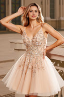 AABEI DRESS Short Prom Dress Sparkle A Line V Neck Spaghetti Straps Sequin Applique Backless Exquisite Charming Hot Sale Homecoming Dress