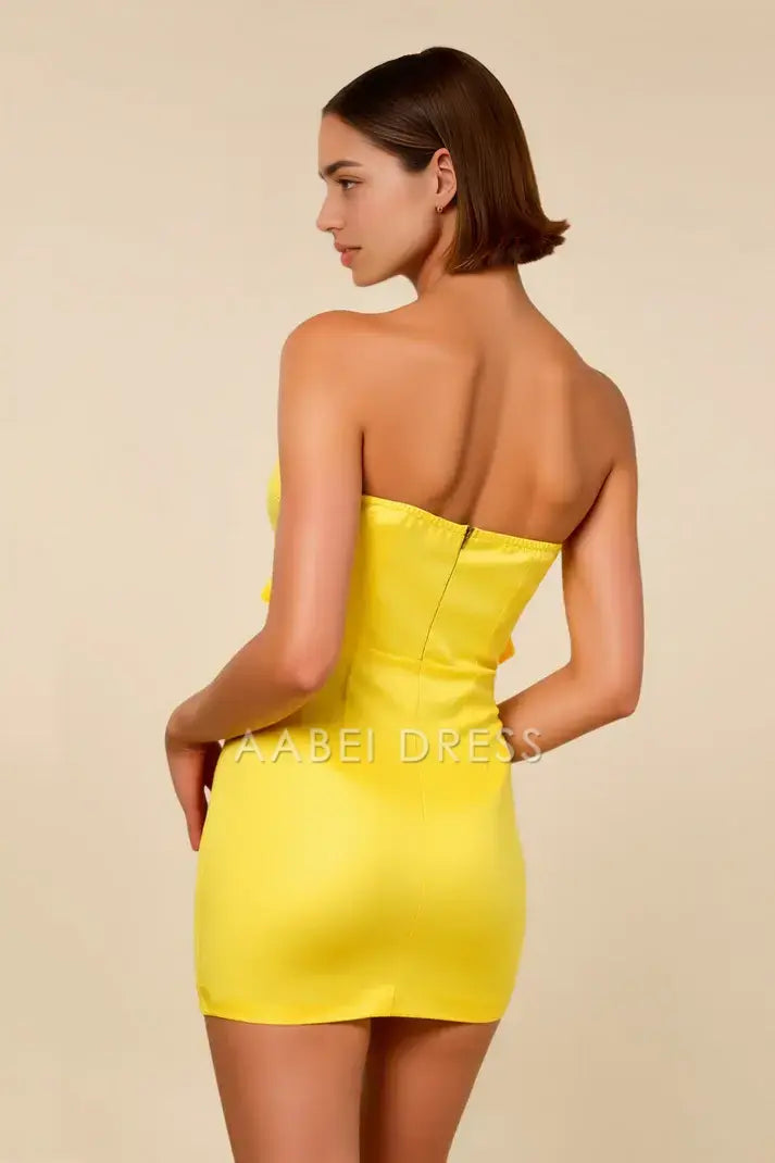 AABEI DRESS Short Prom Dress Yellow Sheath Strapless Bowknot Neckline Fashion Mini Dresses Hot Sale Homecoming Dress