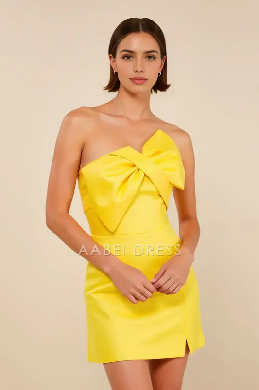 AABEI DRESS Short Prom Dress Yellow Sheath Strapless Bowknot Neckline Fashion Mini Dresses Hot Sale Homecoming Dress