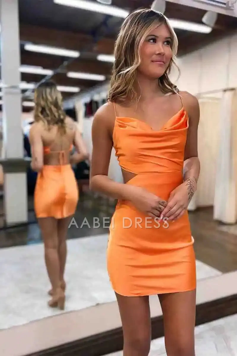 AABEI DRESS Simple Sheath Spaghetti Strap Cowl Neck Lace-Up Backless Sexy Mini Hot Sale Short Homecoming Dress