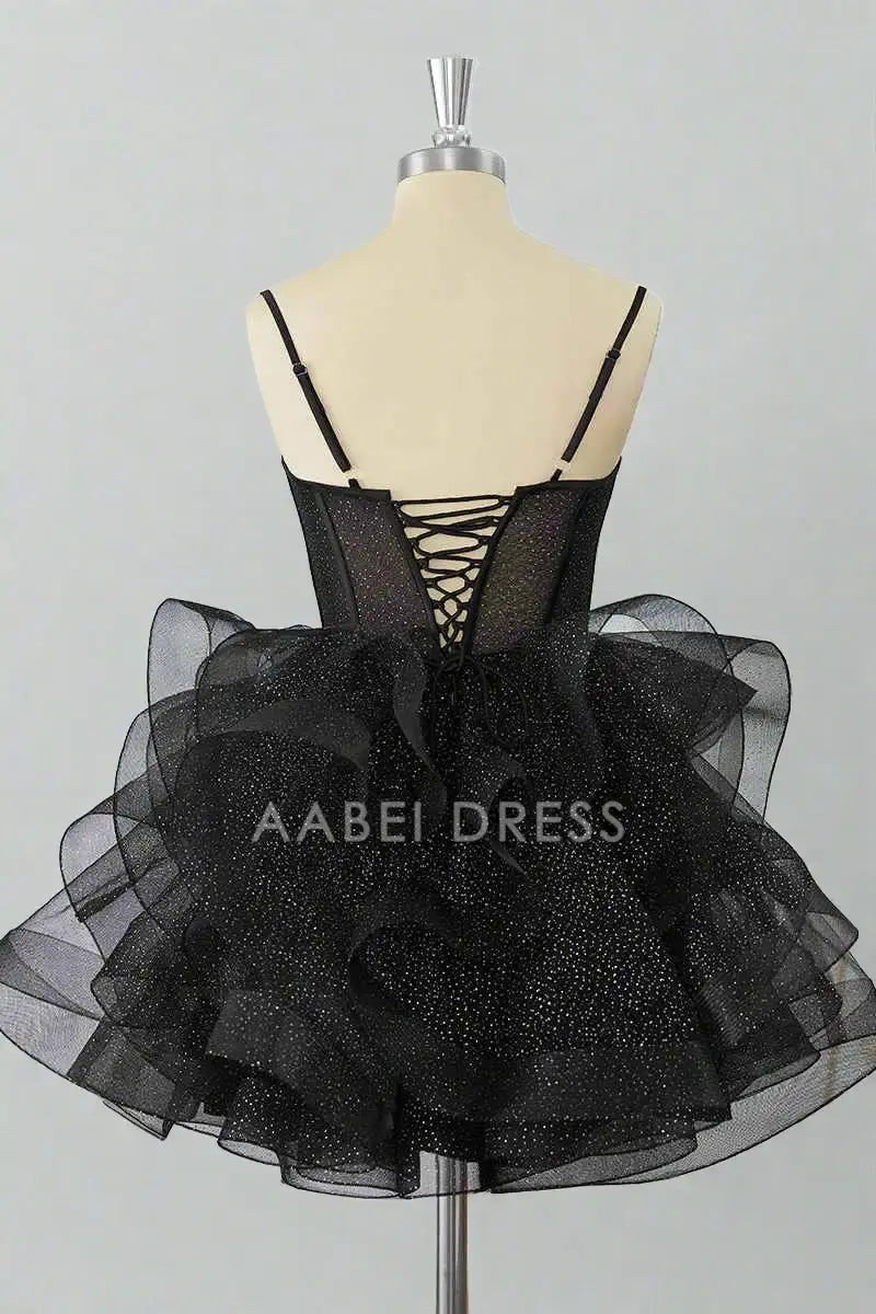 AABEI DRESS Sparkle A-Line Spaghetti Strap Sweetheart Neckline Tiers Ruffle Sequin Hot Sale Short Homecoming Dress