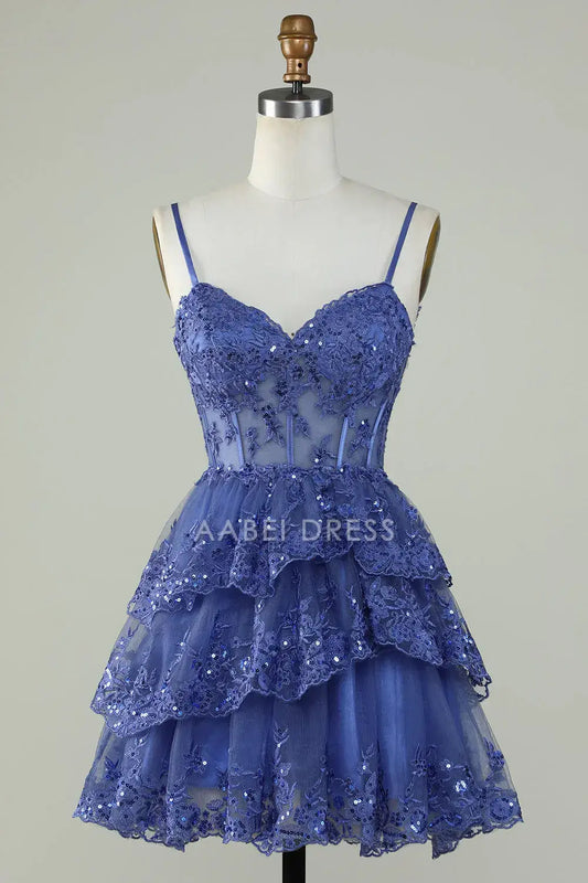AABEI DRESS Sparkle A Line Corset Sweetheart Neckline Spaghetti Strap Sequins Layered Ruched Exquisite Hot Sale Short Homecoming Dress
