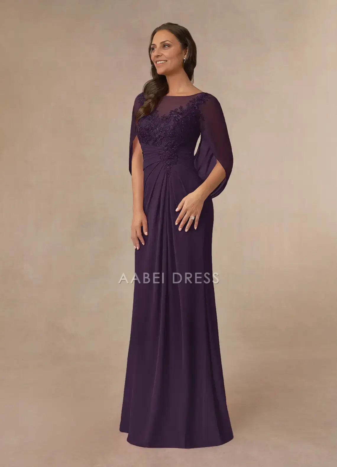 AABEI DRESS Wedding Guests Dresses A-Line Boat Neck Lace Applique Capelet Pleated Retro Mother of the Bride Dress