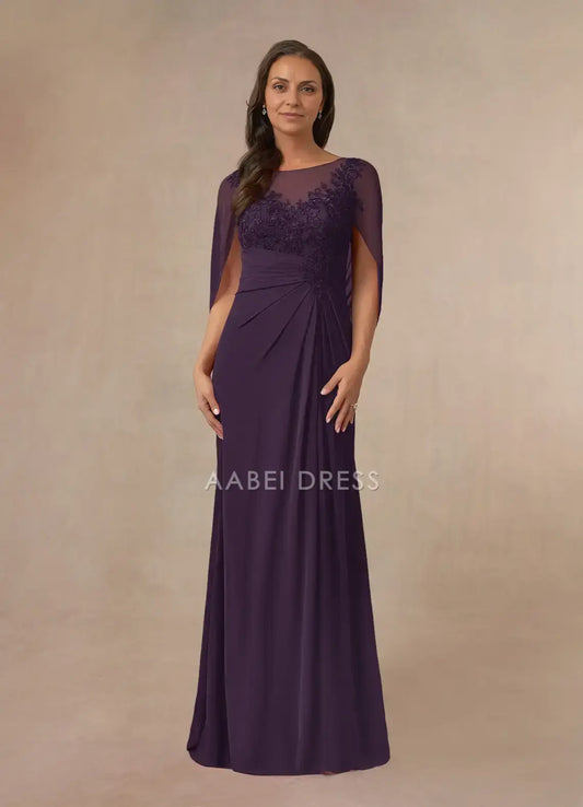 AABEI DRESS Wedding Guests Dresses A-Line Boat Neck Lace Applique Capelet Pleated Retro Mother of the Bride Dress