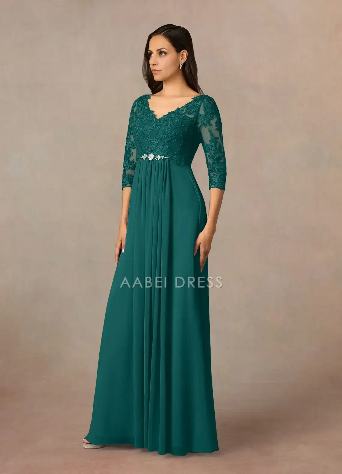 AABEI DRESS Wedding Guests Dresses A-Line V-Neck 3/4 Sleeve Lace Applique Beadwork Elegant Retro Mother of the Bride Dress