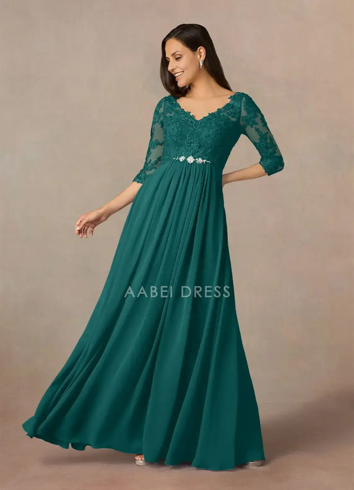 AABEI DRESS Wedding Guests Dresses A-Line V-Neck 3/4 Sleeve Lace Applique Beadwork Elegant Retro Mother of the Bride Dress
