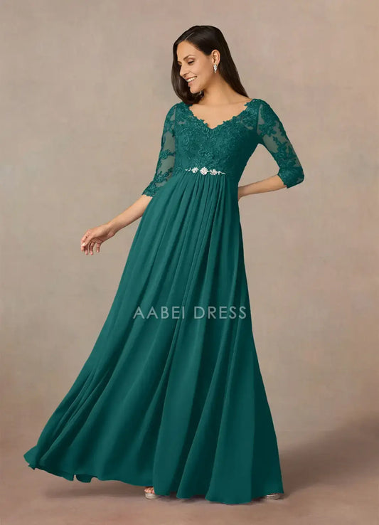 AABEI DRESS Wedding Guests Dresses A-Line V-Neck 3/4 Sleeve Lace Applique Beadwork Elegant Retro Mother of the Bride Dress