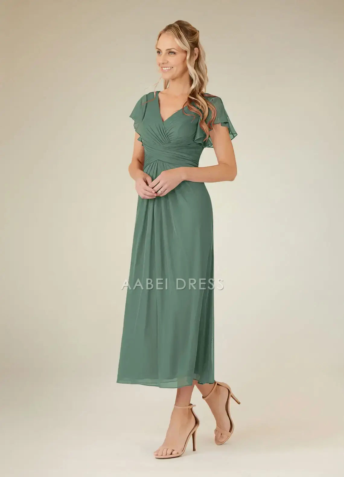 AABEI DRESS Wedding Guests Dresses A-Line V-Neck Flutter Ruffles Cap Sleeves Pleated Elegant Simple Mother of the Bride Dress