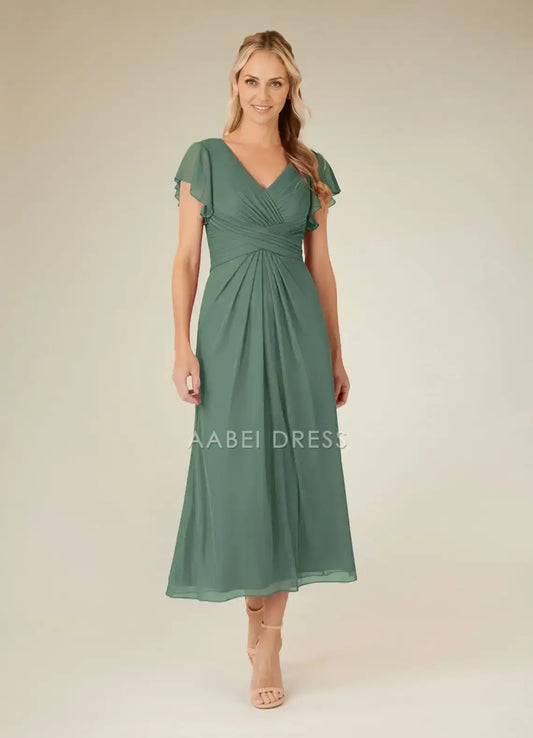AABEI DRESS Wedding Guests Dresses A-Line V-Neck Flutter Ruffles Cap Sleeves Pleated Elegant Simple Mother of the Bride Dress