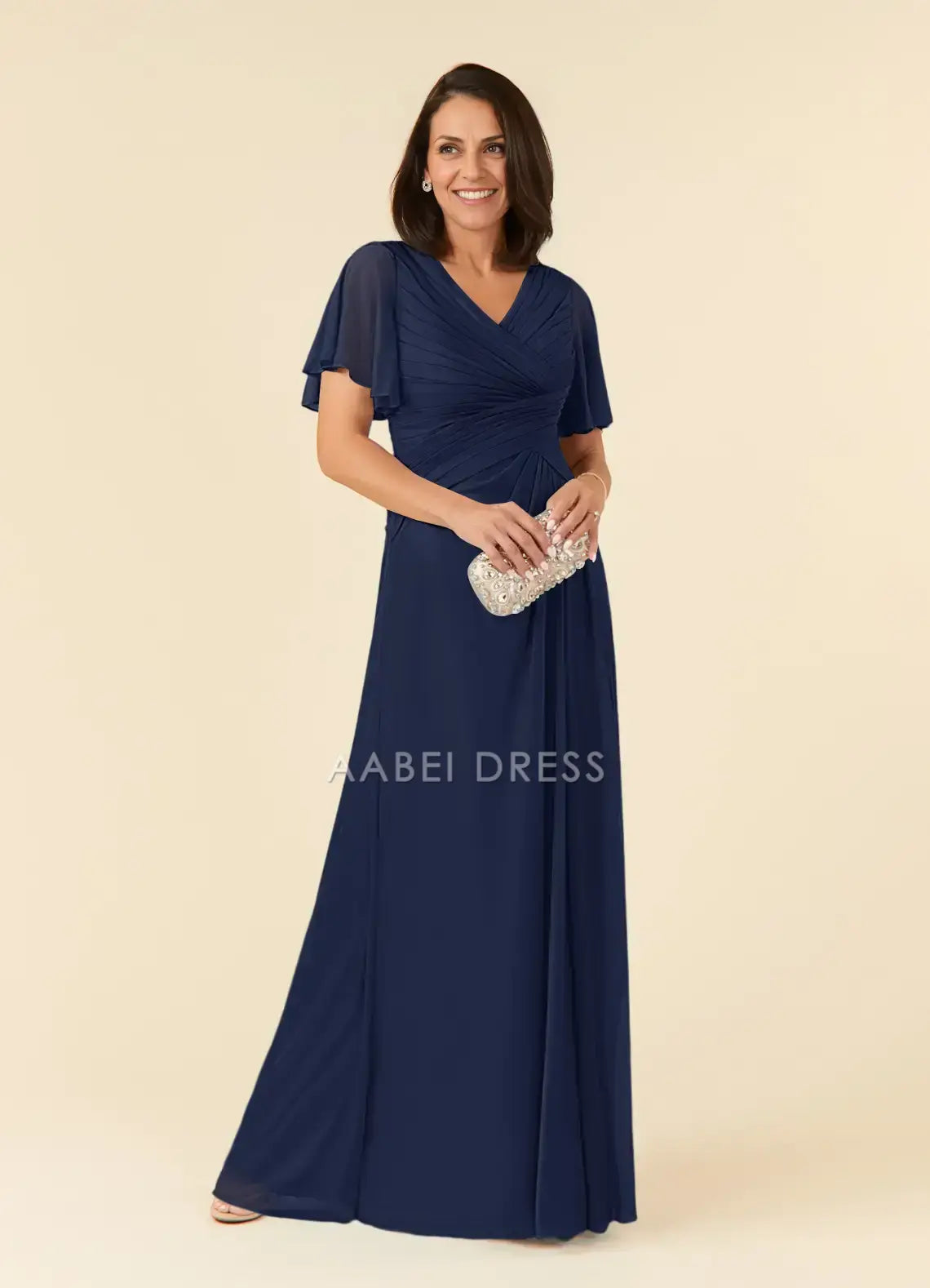 AABEI DRESS Wedding Guests Dresses A-Line V-Neck Flutter Sleeves Pleated V Back Elegant Simple Mother of the Bride Dress