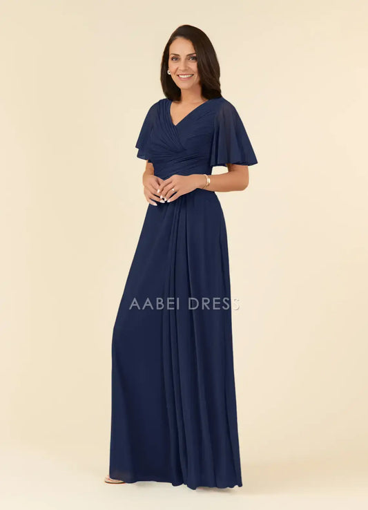 AABEI DRESS Wedding Guests Dresses A-Line V-Neck Flutter Sleeves Pleated V Back Elegant Simple Mother of the Bride Dress