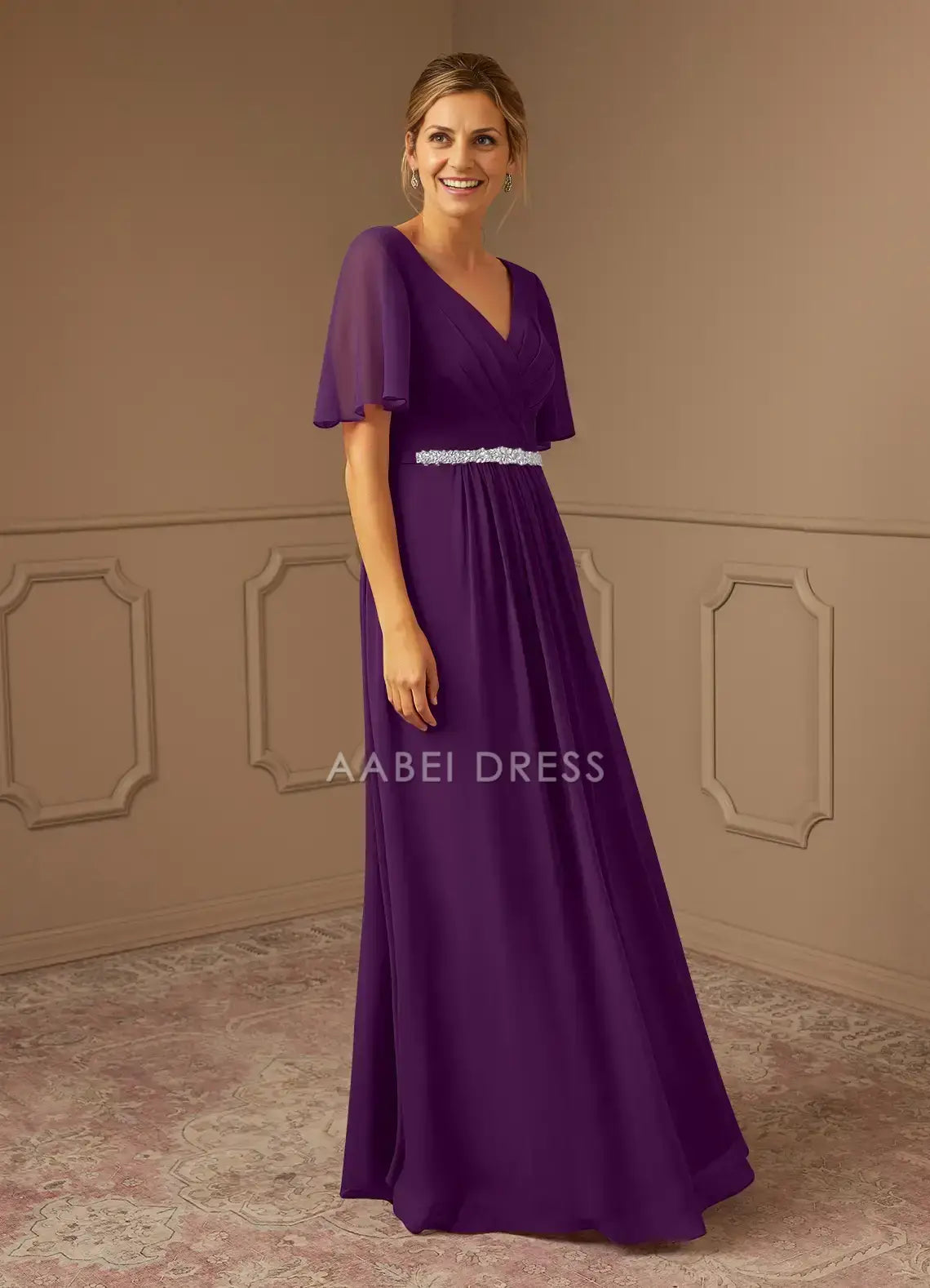 AABEI DRESS Wedding Guests Dresses A-Line V-Neck Loose Short Sleeves Pleated Beadwork Elegant Fashion Mother of the Bride Dress