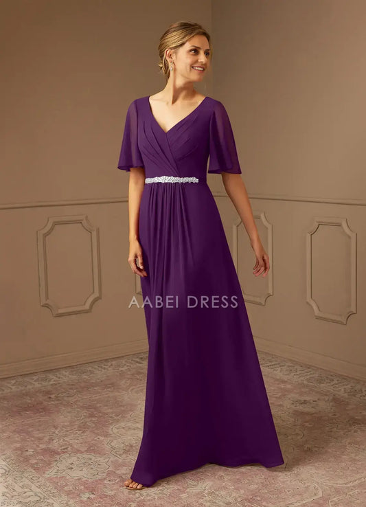 AABEI DRESS Wedding Guests Dresses A-Line V-Neck Loose Short Sleeves Pleated Beadwork Elegant Fashion Mother of the Bride Dress