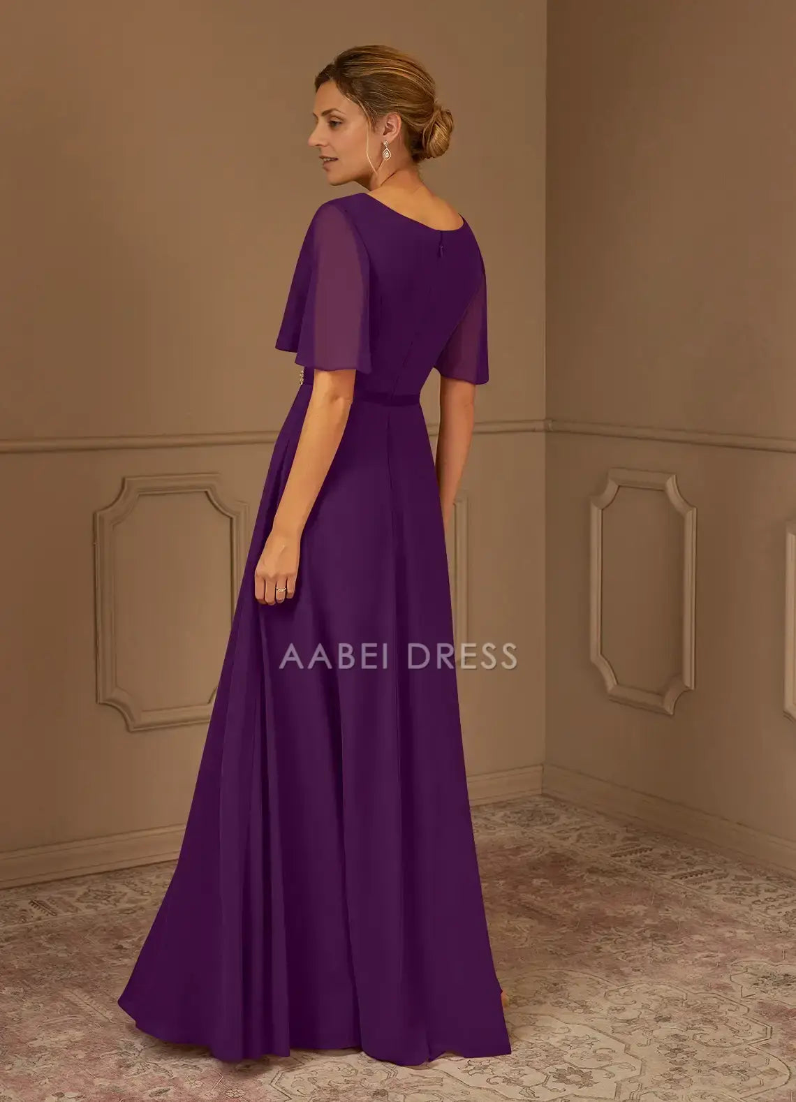 AABEI DRESS Wedding Guests Dresses A-Line V-Neck Loose Short Sleeves Pleated Beadwork Elegant Fashion Mother of the Bride Dress